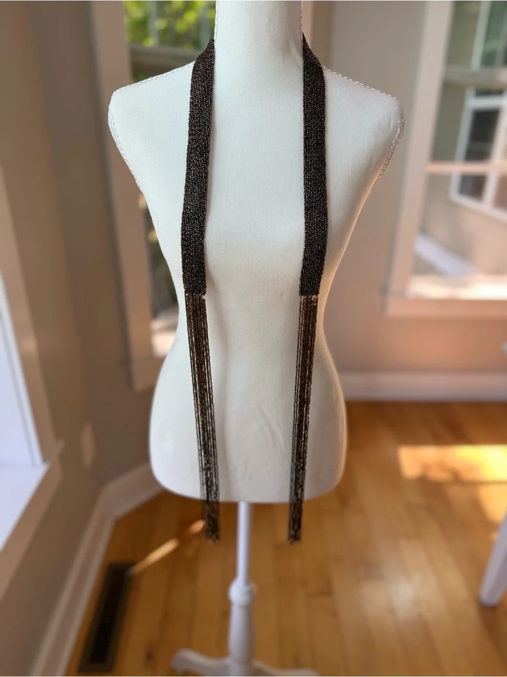 Vintage Y2K Brown Beaded Fringe Belt or Skinny Scarf
